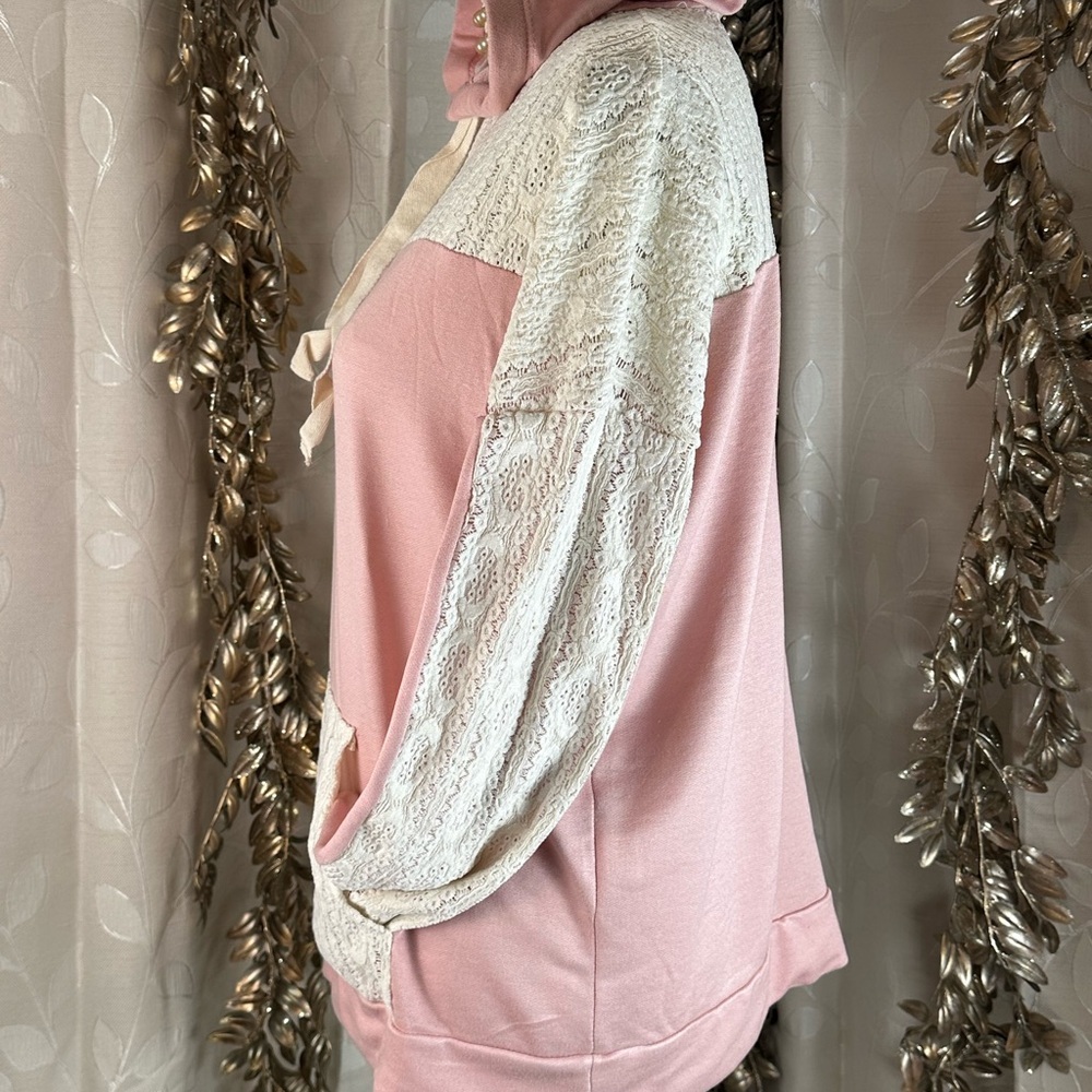 Haptics Lace Hoodie Pink Small Feminine Chic Pullover Boho Crochet Spring Style - Picture 5 of 7
